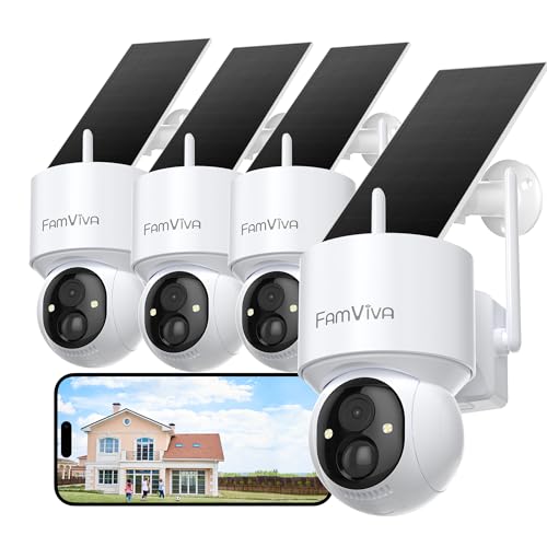2K Solar Security Cameras Wireless Outdoor, 360°PTZ Battery Powered Cameras for Home Security, 2.4G WiFi Outdoor Camera with Color Night Vision, IP66 Waterproof, Motion Sensor Alarm, White,