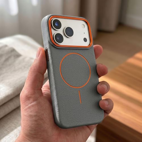 Image of amazon basics Luxury MagSafe Compatible Leather Texture Back Cover for iPhone 17 Pro | Raised Camera Protection | Slim Fit Shockproof Case with Metallic Accents (Gray)