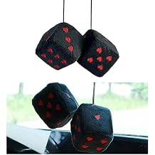 Ziciner Pair Fuzzy Plush Dice for Car Mirror, 3 Retro Square Dice with Heart-Shape, Universal Auto Rearview Mirror Hanging Ornament Decoration, Car Accessories for Women Black&Red