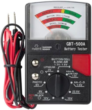 Gardner Bender GBT-500A Analog 1.5 V Button Cell/22.5 Photo/AA/AAA/12 V/9 V/Lantern Cells & More, Leads Battery Tester,14 Battery Range, Black