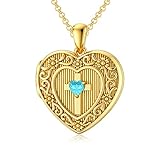 SOULMEET 18K Plated Gold Cross Birthstone March Simulated Aquamarine Locket Necklace That Holds 1 Picture Photo Locket Gift (Locket only)
