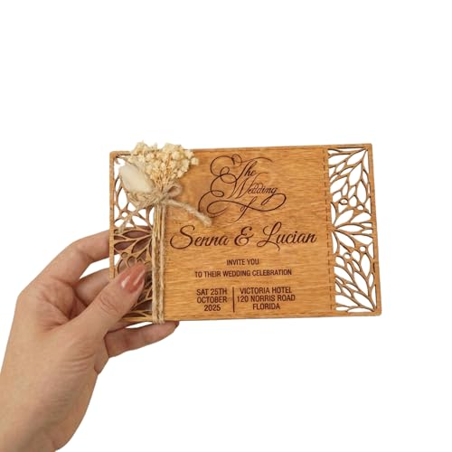 TrendPrintStore Floral Wooden Wedding Invitation, Rustic Wedding Invitation with Kraft