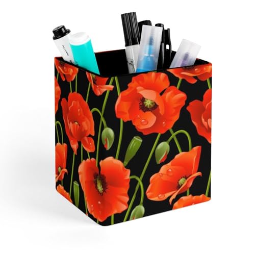 Quteprint Soporte cuadrado para lápices, soporte para bolígrafos de flores rojas de amapola para escritorio, organizador de bolígrafos de oficina de poliuretano, accesorios de escritorio, taza de