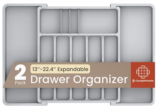 Gray Expandable Utensil Drawer Organizer 2 Pack, Adjustable 13” to 22.4”, 8 Compartment Silverware Organizer for Kitchen Utensils, Spatulas, Cutlery, and Tools, Easy to Clean, Durable, and BPA-Free