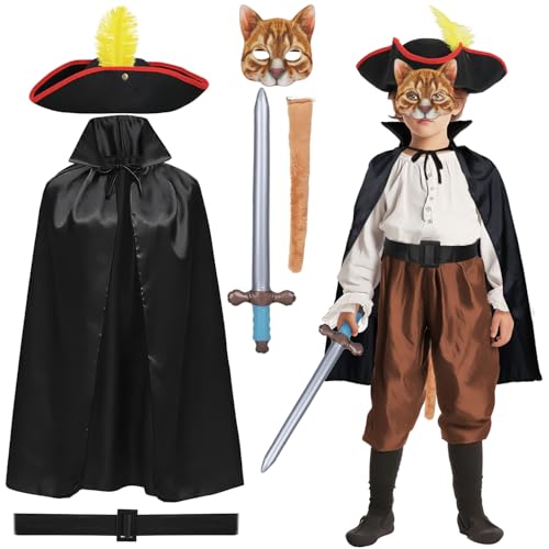 iZoeL Cat Costume for Boys Girls Kids Cat Warrior Costume Set Cape Hat Cat Mask Belt & Inflatable Sword Storybook Character Outfit for World Book Day Boys Fancy Dress & School Book Week