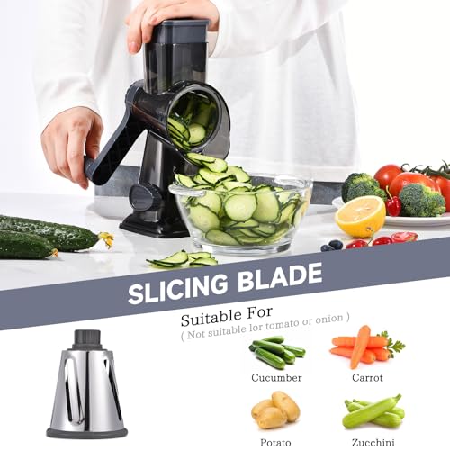 Image of Rotary Cheese Grater with Handle Kitchen Shredder Slicer Grater Slicer Ice Shaver Cheese Vegetable Nuts Potato Zucchini Chocolate 3 Interchangeable Blades (Grey TSP)