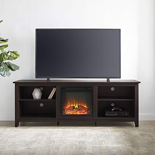 Walker Edison Wren Classic 4 Cubby Fireplace Tv Stand For Tvs Up To 80 Inches, 70 Inch, Espresso & Alayna Mission Style Two Tier Coffee Table With Rattan Storage Baskets, 40 Inch, Espresso #TOP2