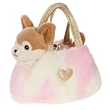 Gipsy Toys – Peluche Chien Chihuahua Girly Bag Fashionista Marron ET Beige avec Sac ET Details Or – 18 CM