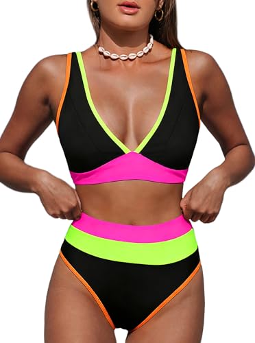 Image of Hilinker Women's Leopard Bikini Swimsuits V Neck High Waisted 2 Piece Bathing Suits