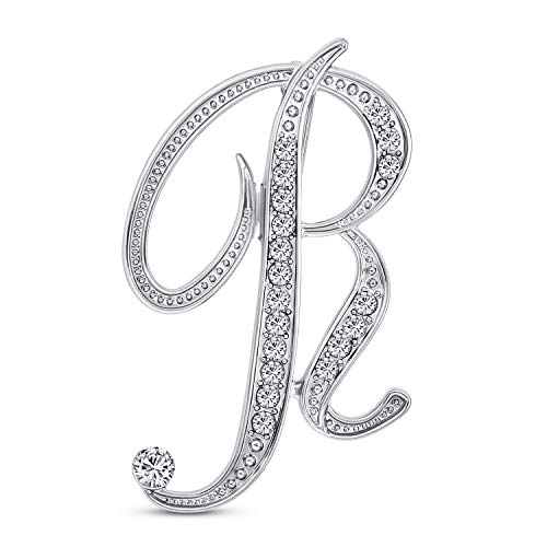 Bling Jewelry Large Statement ABC Pave Crystal Cursive Script Monogram Letters Alphabet Initial R Scarf Lapel Pin Brooch for Women Silver Plated
