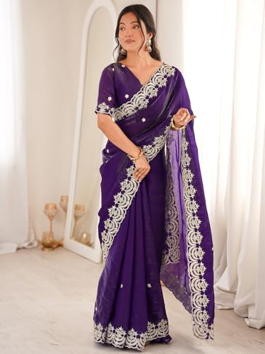 Image of SIRIL Women's Tissue Silk Sequence Embroidery Saree With Unstitched Blouse Piece