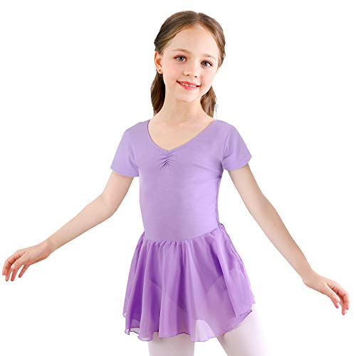 Bezioner Kinder Ballettkleidung Mädchen Ballettkleid Kurzarm Balletttrikot Ballettanzug Tanzkleid Tanzbody aus Baumwolle mit Chiffon Rock Tütü (130 (120-130cm, 8-9 Jahre), Lila)