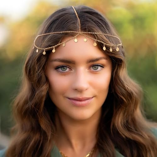 JOOTUEPO Gold Göttin Kopfkette, Pailletten Boho Quaste Haarkette, Wahrsagerin Kopfschmuck, Gold Cleopatra Kopfschmuck, Boho Kopfkette, Festival Kostüm Haarschmuck für Frauen und Mädchen