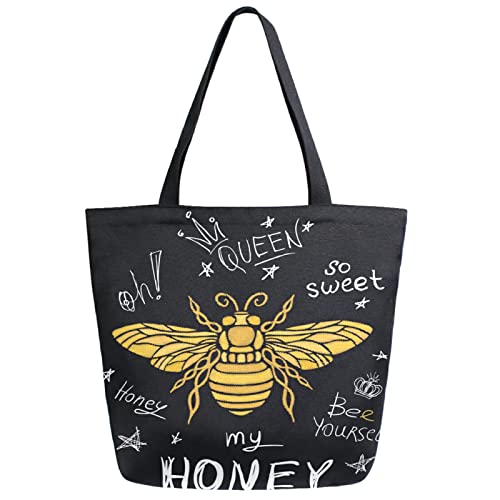 Trendy Bee Stars Cool Honey Extra Large Canvas Shoulder Tote Storage Top Handle Bag for School Gym Weekender Beach Travel Reusab