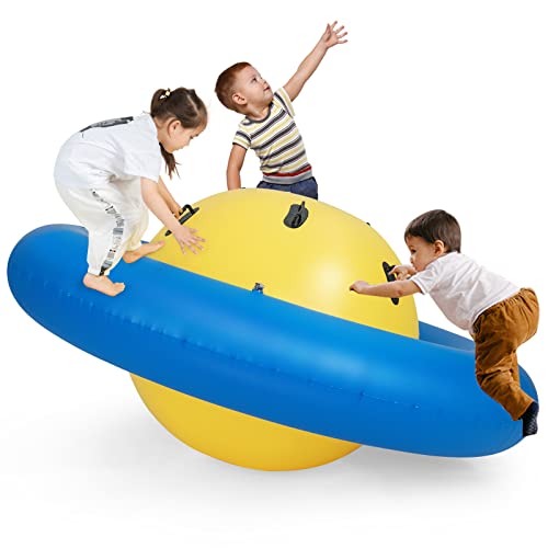 GYMAX 88'' Inflatable Dome Rocker Bouncer, Giant Inflatable Rocking Planet with 6 Handles, Indoor Outdoor Large Blow Up Rocking Ball for 5 Years Old+ Boys Girls, Max Weight 113kg (Blue + Yellow)