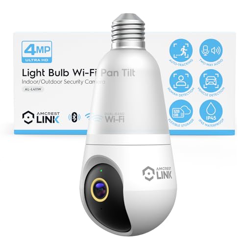 Amcrest Link 4MP Light Bulb WiFi Indoor/Outdoor Camera, Human Detection, 90.5° FOV, Pan/Tilt, IP45, AI Night Color, 2.4GHz/5GHz Dual Band Camera, Supports MicroSD Storage up 128GB, AL-L411W