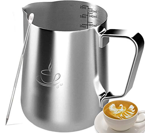 Milk Frothing Pitcher - Milk Frother Pitcher 、Milk Pitcher 、Milk Steaming Pitcher 、Espresso Milk Frothing Pitcher. Stainless Steel Milk Frothing Pitcher With Latt Art Pen(20oz)