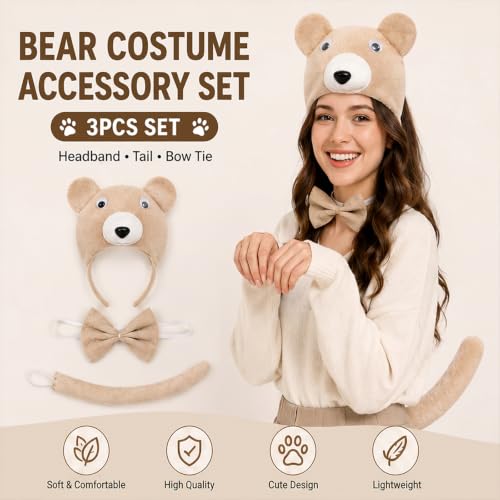 Image of Brown bear Headband with Bow and Tail Costume Set, Halloween Animal Ears Costume Dress Up Suit, Cosplay Party Supplies for Adult