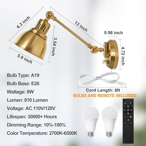 Image of GOODATE Plug in Wall Sconces Set of Two with Remote, Stepless Colors 2700K-6500K & Stepless Dimming, Premium Golden Finish, Plug in Wall Light with Night Light & Timer, LED Bulbs Included