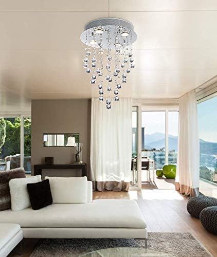 Bestier Modern Crystal Round Raindrop Chandelier Lighting Flush Mount LED Ceiling Light Fixture Pendant Lamp for Dining Room Bathroom Bedroom Livingroom 4 GU10 Bulbs Required 14 in Wide 20 inch High