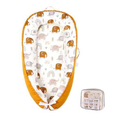 Image of Fasando Baby Lounger, 100% Cotton 0-24 Months Breathable Soft Baby Nest Co Sleeper, Reversible Adjustable Portable Baby Lounger Nest for Newborn, Infant Lounger for Home & Travel (Gold Elephant)