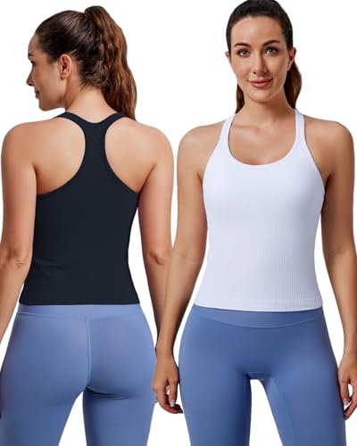 Image of Women's Workout Tank Tops, with Built in Bra Racerback Seamless Crop Tops