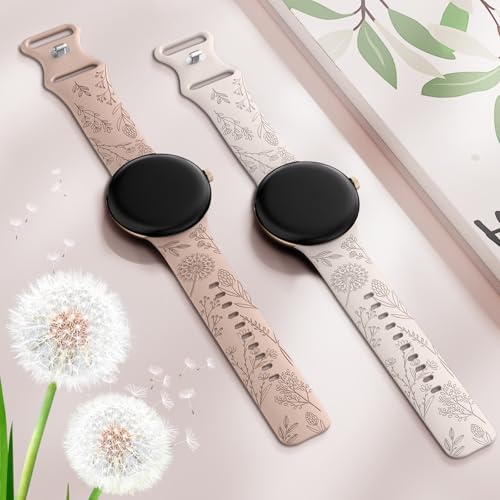 Minyee 2 Packs Floral Engraved Bands Compatible with Google Pixel Watch 4 3 41mm/Pixel Watch 2/1 Band Women, Cute Soft Silicone Flower Sport Fancy Straps, Starlight/Nude by Minyee - Used condition - Image 2
