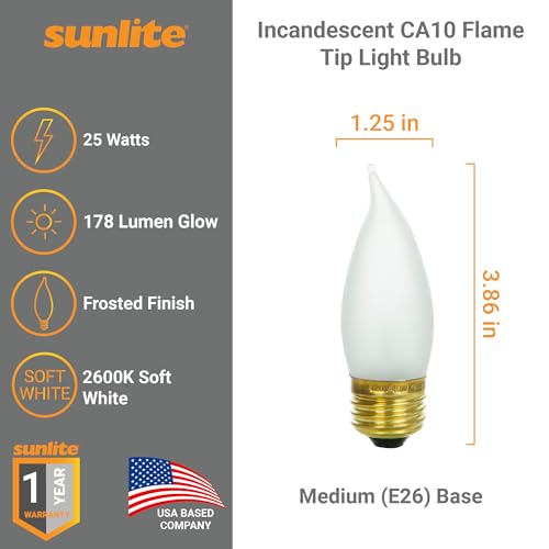 Sunlite 25EFF/32/12PK Incandescent 25 Watt Flame Tip Chandelier 178 Lumens Frost Light Bulb 12 Pack thumb #1
