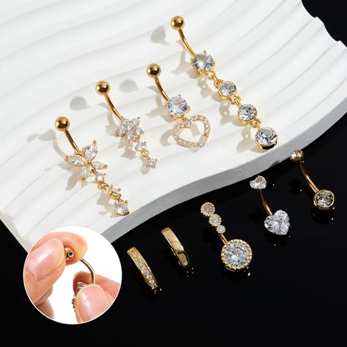 9PCS Belly Button Ring Dangle Stainless Steel Belly Rings 14G 1.6MM Belly Piercing Cute Navel Ring Piercing Jewelry Belly Ring for Women4