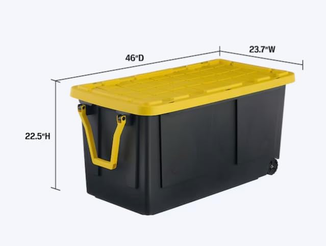 75-Gallon (300-Quarts) Heavy Duty Rolling Stackable Tote with Standard Snap Lid, Black and Yellow, X-Large