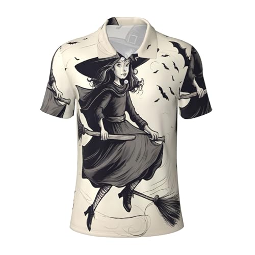 Polo homme imprimé sorcière Halloween Flying 1 t-shirt col boutonné manches courtes motif automne