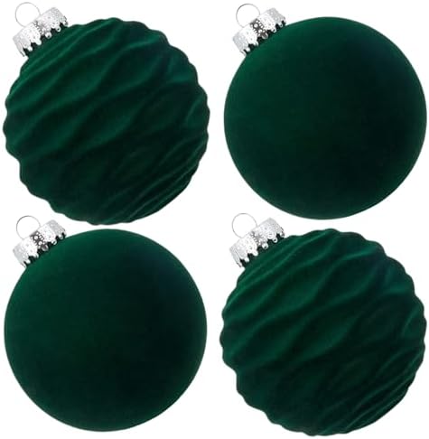 Velvet Christmas Balls Large Hanging Shatterproof Flocked Christmas Tree Ornaments for Xmas Tree Hanging, Holiday Wedding Party Decorations and Home Decorations (Dark Green, 4
