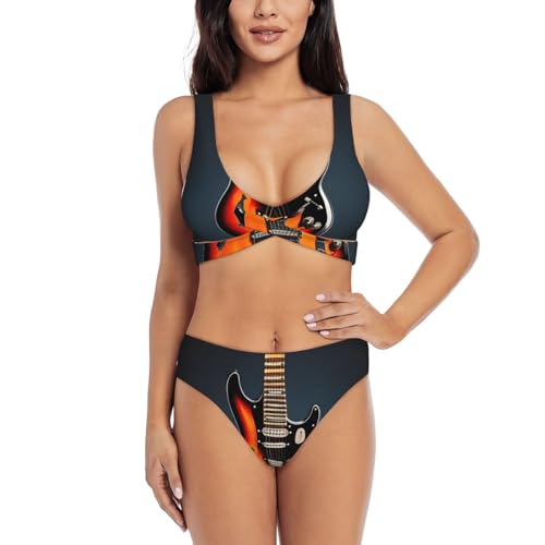 Maillot de bain 2 pièces ventre plat imprimé guitares électriques orange style rock