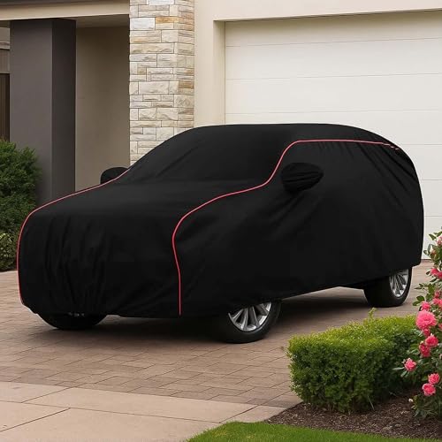 Image of Sulfar 100% Water Resistant Car Body Cover Compatible with Mirror for Ford Figo (Triple Stitched, Full Bottom Elastic, Black with Red Piping)