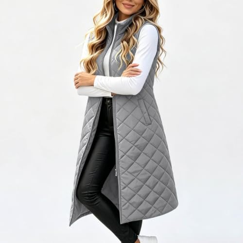 Funnyrap Long Puffer Vest Women Quilted Sleeveless Zip Up Jacket Gray Small - image 2
