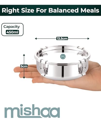 Image of Mishaa Steel Leakproof Tiffin /Lunch Box, Airtight & Spill-Proof Container for Curry & Liquid Items, Steel Lunch Box for School, College & Office, Suitable for Men, Women & Kids (450ML + 450ML)