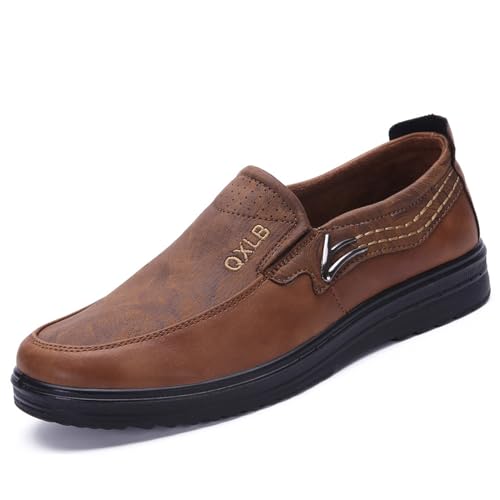 Men's Comfortable Slip-on Casual Loafers Fashion Lightweight Leather Dress Shoes Outdoor Anti-Slip Round Toe Driving Walking Flat Orthopedic Shoes