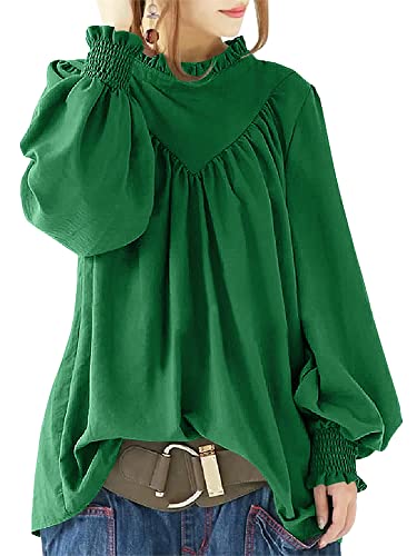 Women Ruffles Smocked Plain Baggy Blouse Ol Office Work Shirt Tops Long Sleeve Pullover Formal Shirt Plus Size Green-H97681 Small #TOP14
