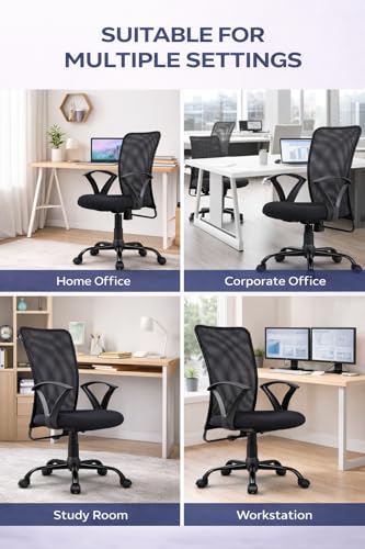 Image of Office Arm Chair with Metallic Frame, Mesh Back, Nylon Base, and Adjustable Handle, Cushion Fabric (Black)