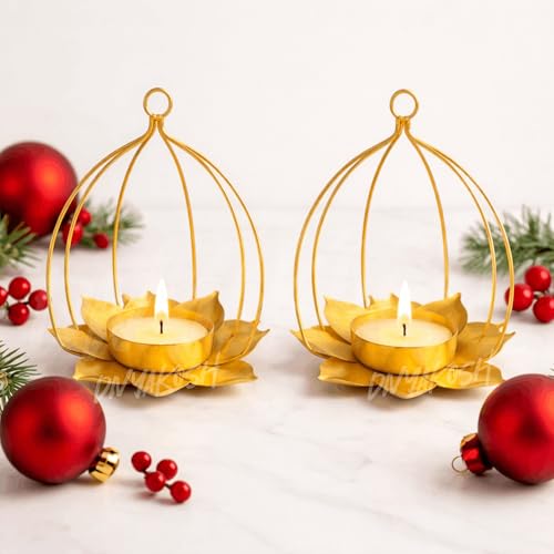 Image of Divyakosh Brass Lotus T-Light Wax Candle Holder Set of 4 (10 x 10 cm) | Hanging Tealight Holder for Home Decor, Diwali, Puja, Temple, Wedding & Festive Decoration