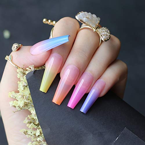 Umillars 24pcs UV top coat Coffin Nails False Gel Nails Art Tips Sets Full Cover Long False Nails for Ballerina Cosplay Office Lady(Coffin-rainbow)