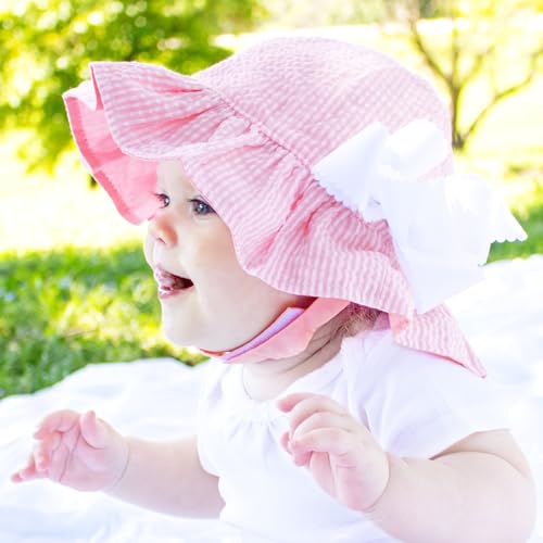Wee Ones Girls' Reversible Ruffle Brim Seersucker Sun Hat, Stylish and Breathable, 0-6 Months, Pink2