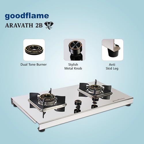 Image of goodflame Aravath 2 Burner Stainless Steel Gas Stove for Kitchen | Heavy 2MM SS Body | Brass Burners | 2 Year Warranty | ISI Certified | Manual Ignition | LPG Ready and PNG Compatible, (Silver)