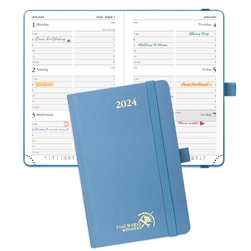 POPRUN Pocket Diary 2024 Diary Small Week to View A6 16 x 10.5 cm Hardback 24 Weekly Planner with Dotted Note Pages, Foldable Inner Pocket, 100 GSM FSC® Paper - Haze Blue