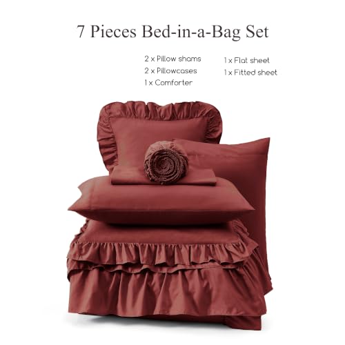 Image of King Size Comforter Set Syrah Red Ruffle 7 Pieces Farmhouse Bed in a Bag