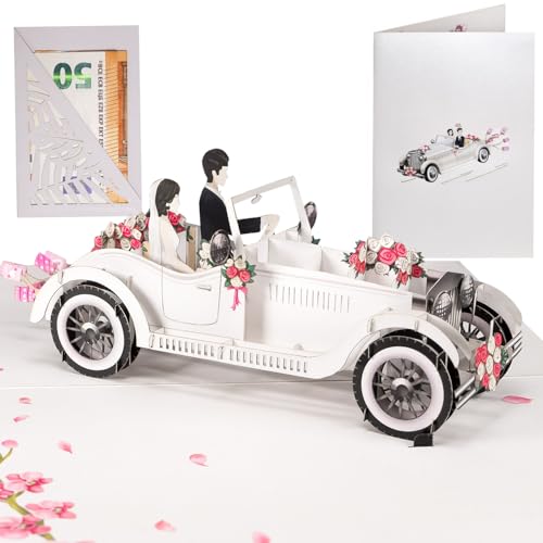 Sweetpopup® Pop Up Karte zur Hochzeit – Aus edlem Metallic Papier – Mit Geldgeschenk & Gutschein Verpackung – Perfekt als Glückwunschkarte für Brautpaar & Hochzeitstag (Hochzeitsauto 057)