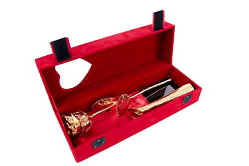 Geschenkbox Echte vergoldete Rose mit Goldener Vase in roter Samt-Box mit Sichtfenster