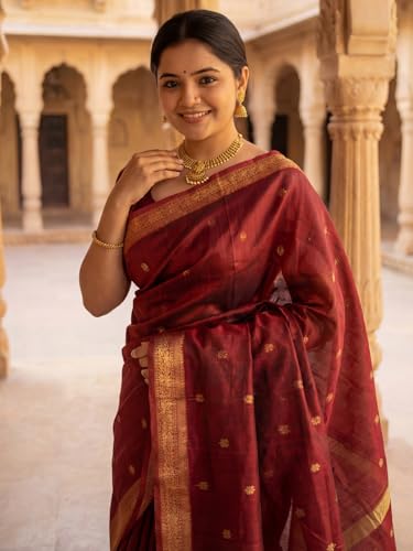 Image of AKHILAM Women's Pure Soft Spun Cotton Lichi Silk Saree For Women With Attach Unstitch Blouse Piece