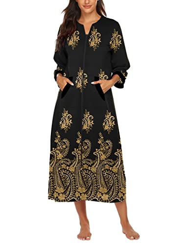Image of Ekouaer Women Zipper Robe 3 /4 Sleeves Loungewear Dress Full Length Sleepwear Pockets Housecoat Nightgown Long Bathrobe