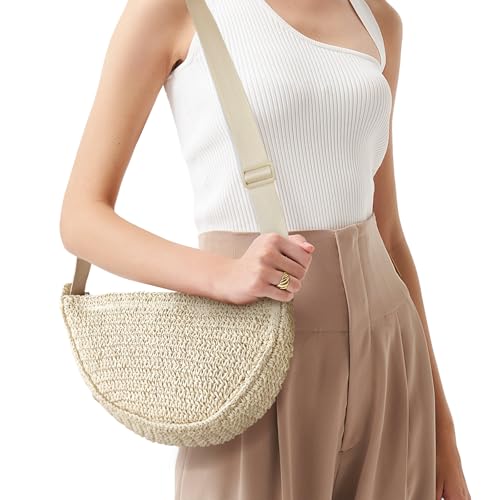 Image of Straw Crossbody Bag for Women Summer Woven Beach Handbag Crescent Shoulder Purses with Adjustable Strap 2025